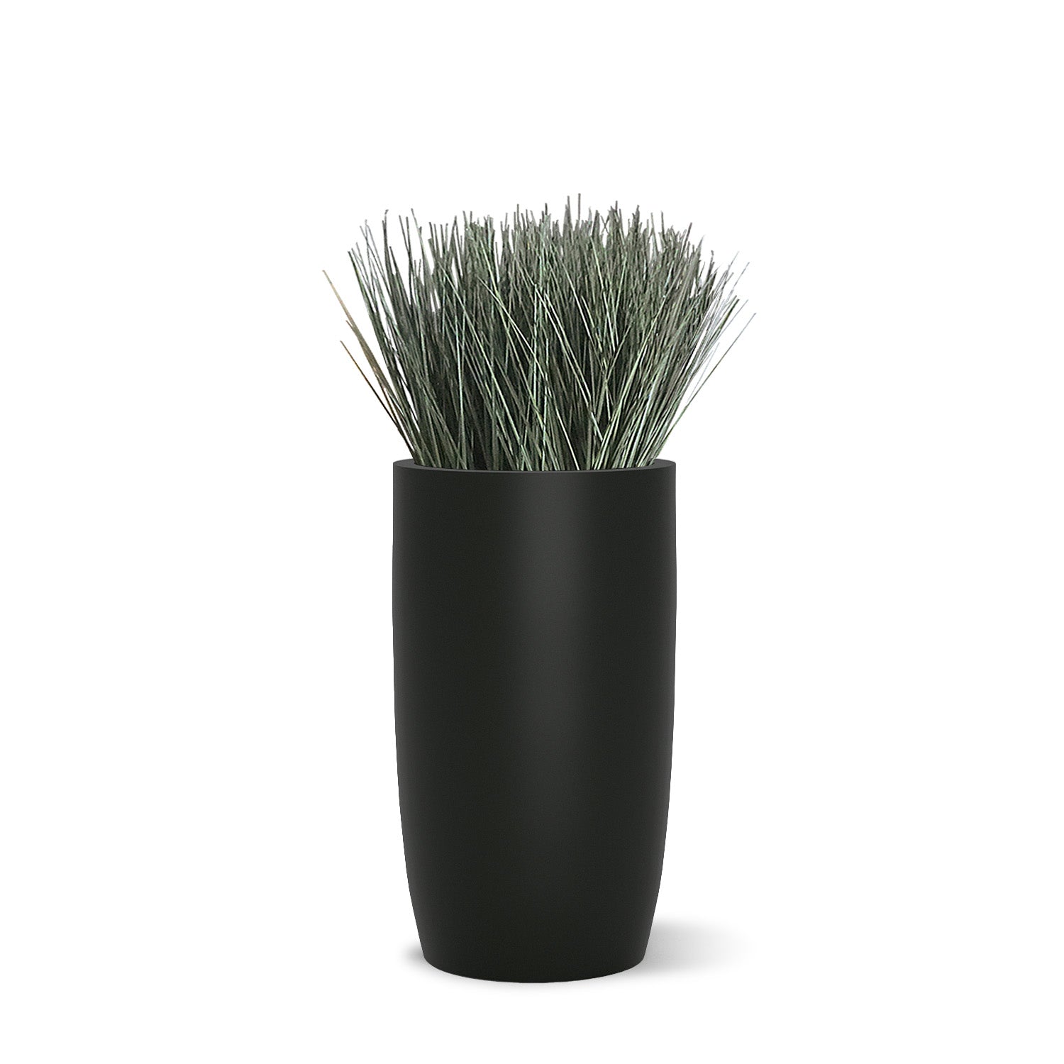 Botanical design with cortada grass in a black fiberglass barrel.