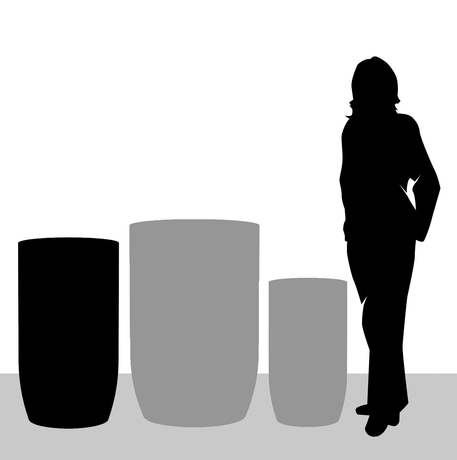 Diagram of three barrel fiberglass planters with medium size highlighted.