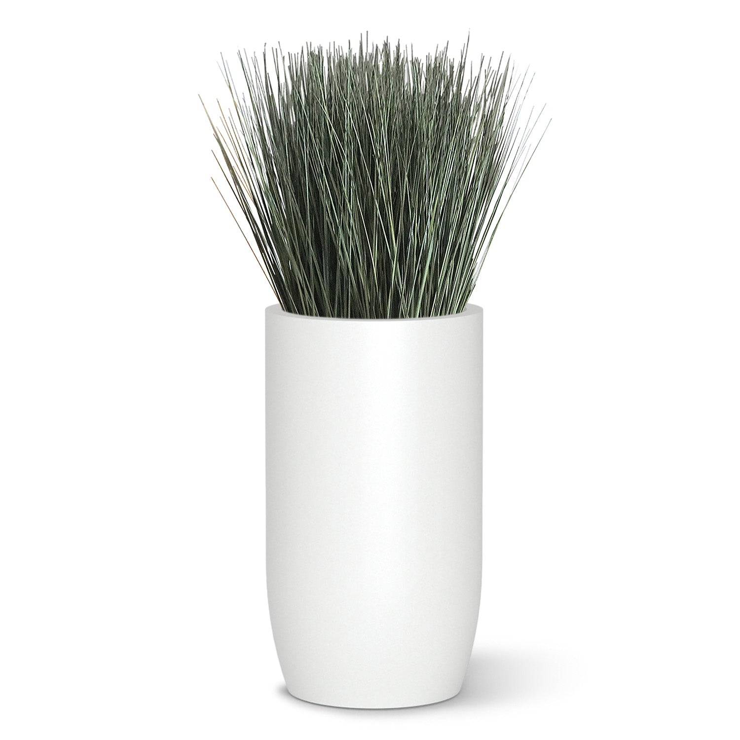 Botanical design with cortada grass in a white fiberglass barrel.