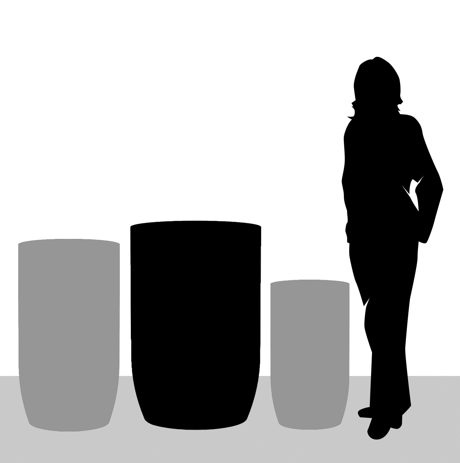 Diagram of three barrel fiberglass planters with large size highlighted.