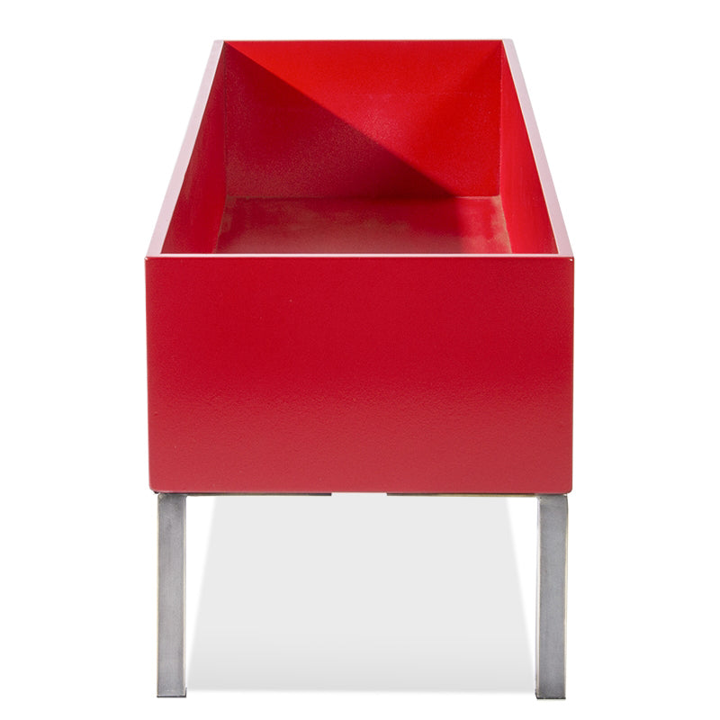 50-inch rectangular indoor planter in a glossy red finish with modern brushed stainless steel legs.