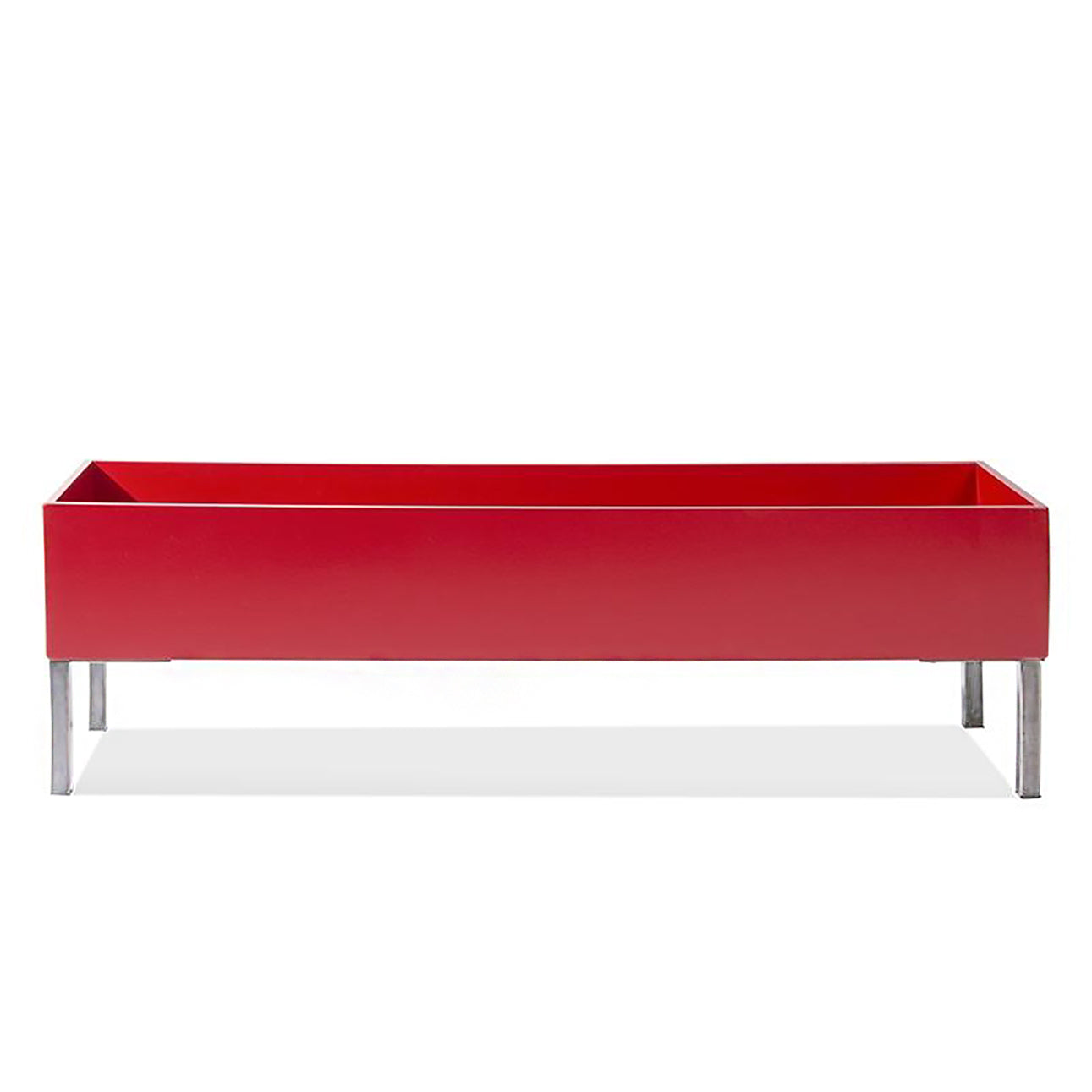 50-inch rectangular indoor planter in gloss red with modern brushed stainless legs.