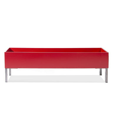 50-inch rectangular indoor planter in gloss red with modern brushed stainless legs.
