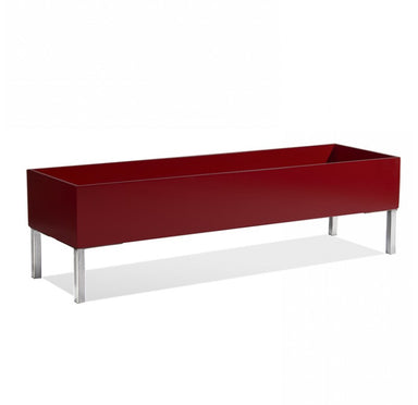 60-inch rectangular indoor planter in satin burgundy with sleek brushed stainless steel legs.