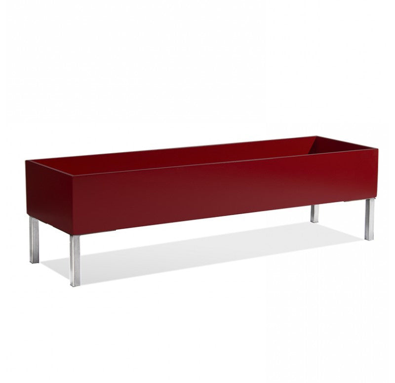 60-inch rectangular indoor planter in satin burgundy with sleek brushed stainless steel legs.