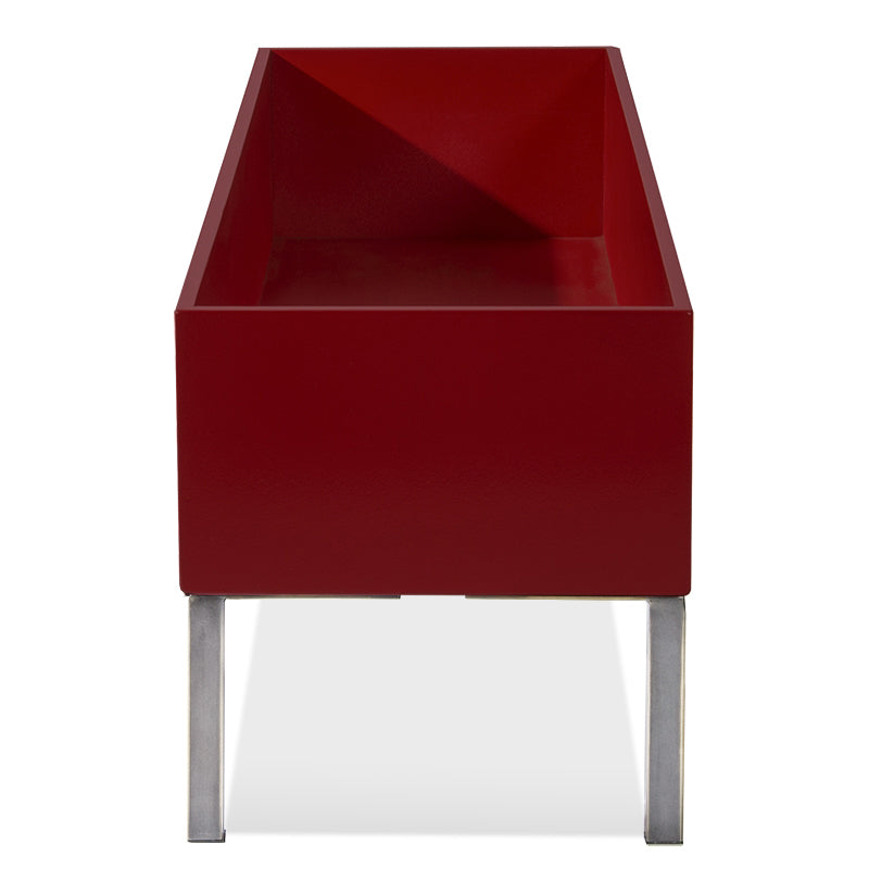 60-inch rectangular indoor planter in satin burgundy with modern brushed stainless steel legs.