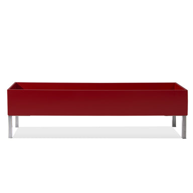 60-inch rectangular indoor planter in satin burgundy with brushed stainless steel legs.