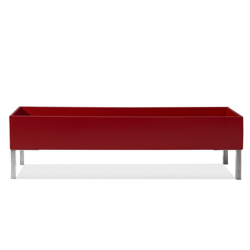 60-inch rectangular indoor planter in satin burgundy with brushed stainless steel legs.