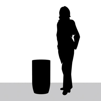 Black and white silhouette diagram of fiberglass barrel planter.