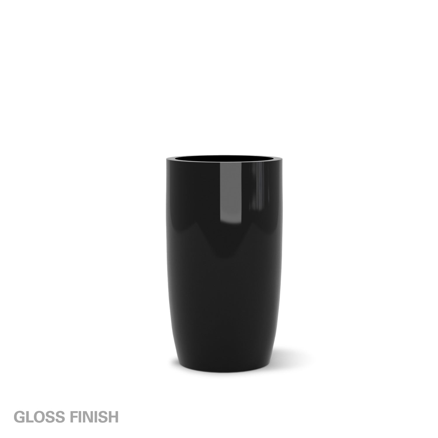 Large gloss black fiberglass planter on a white background.