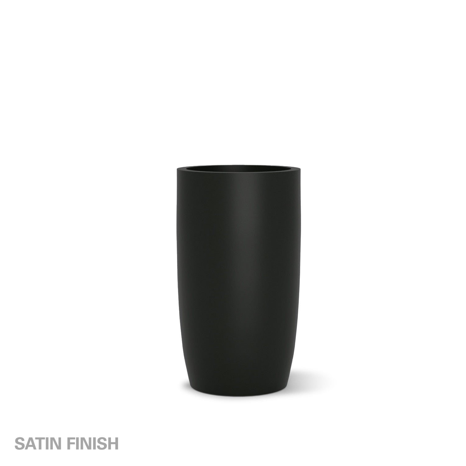 Large satin black fiberglass planter on a white background.