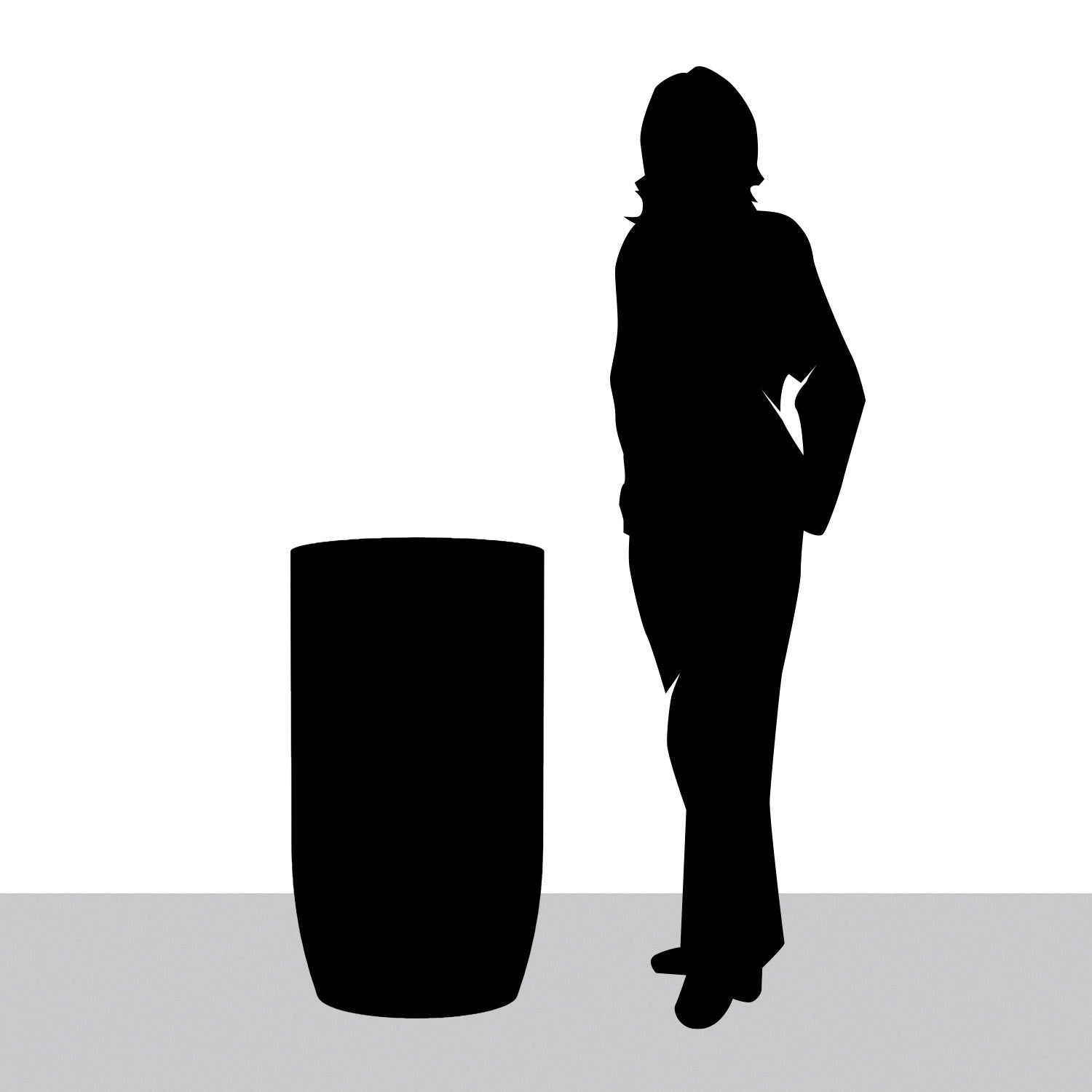 Black and white silhouette diagram of fiberglass barrel planter.