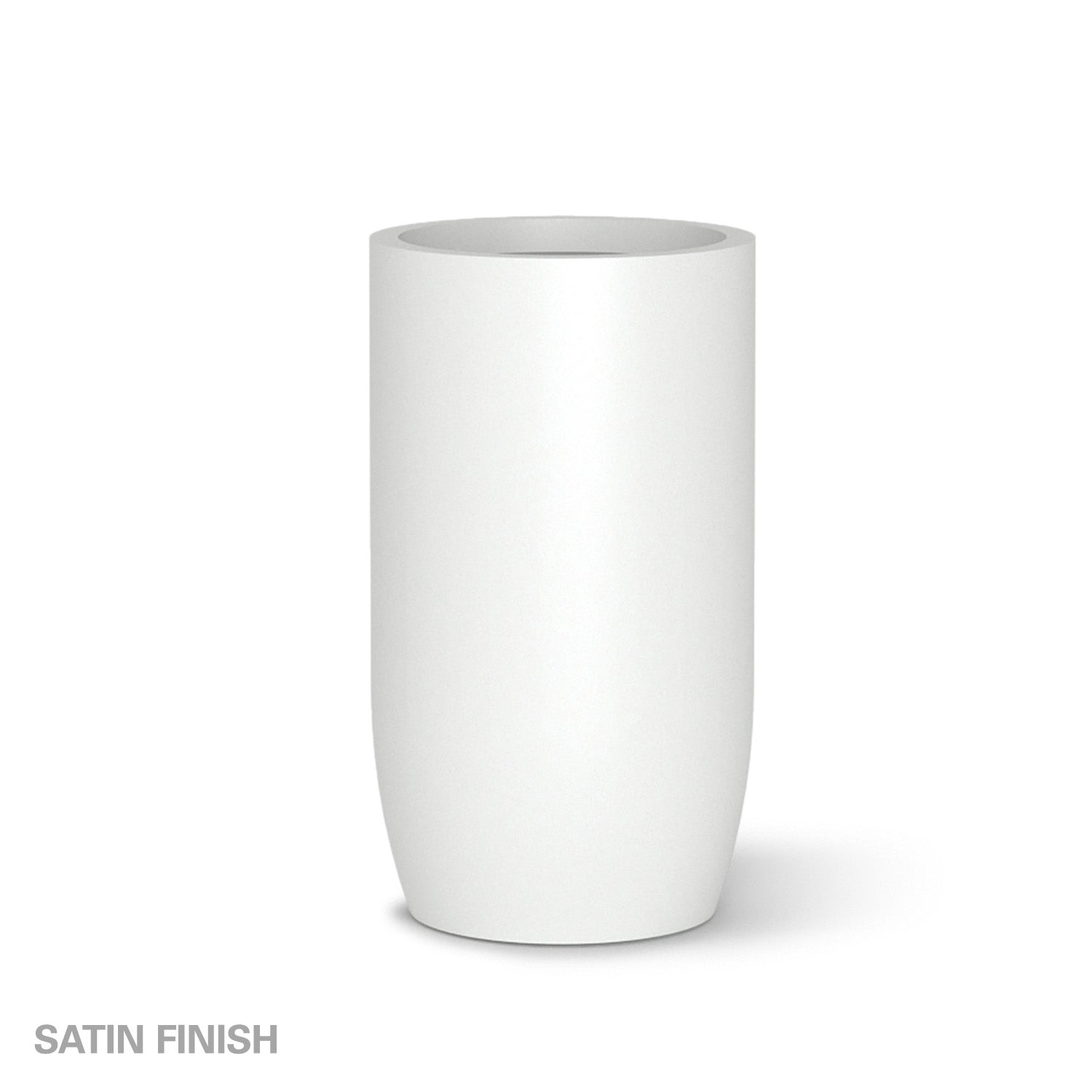 Large satin white fiberglass planter on a white background.