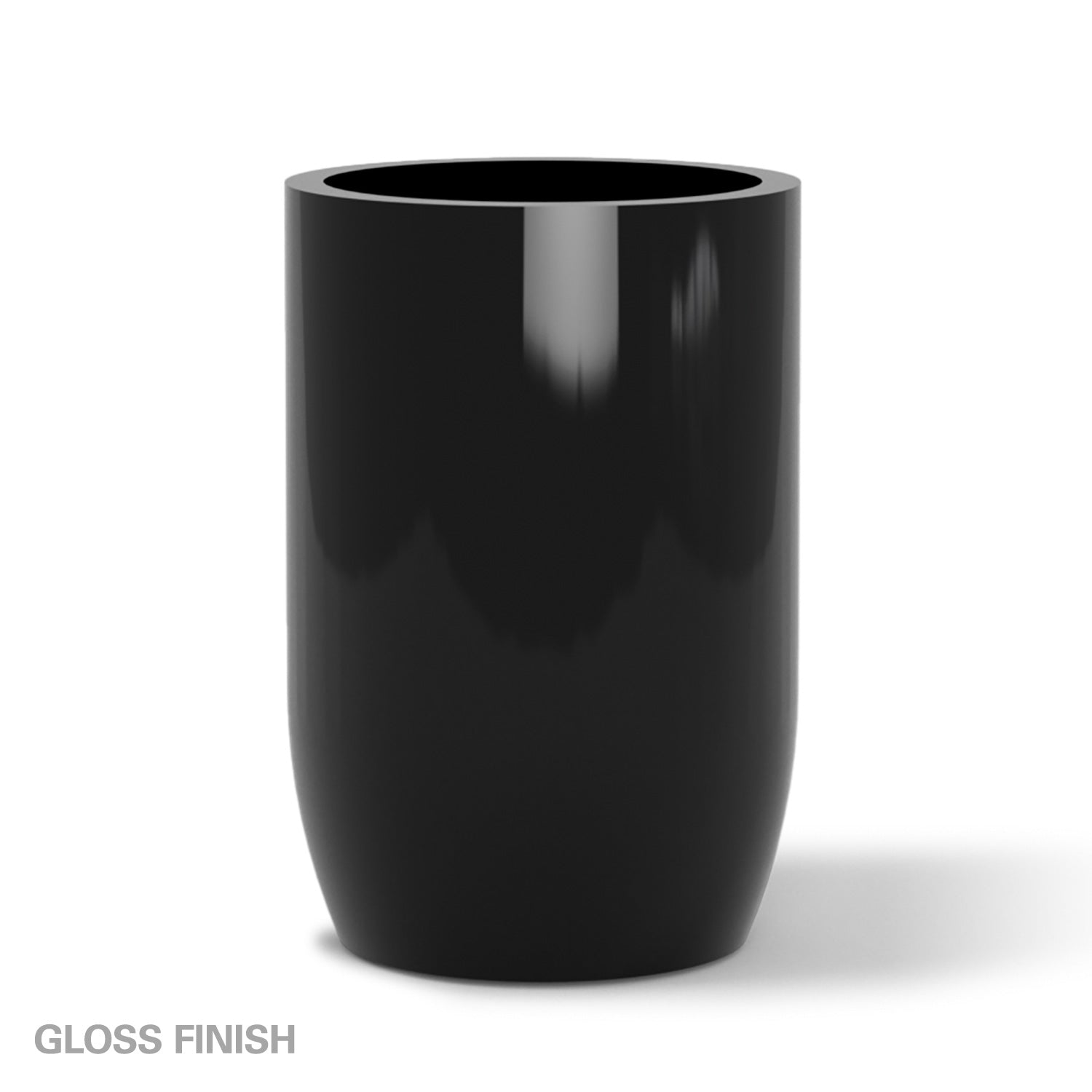 Large gloss black fiberglass planter on a white background.