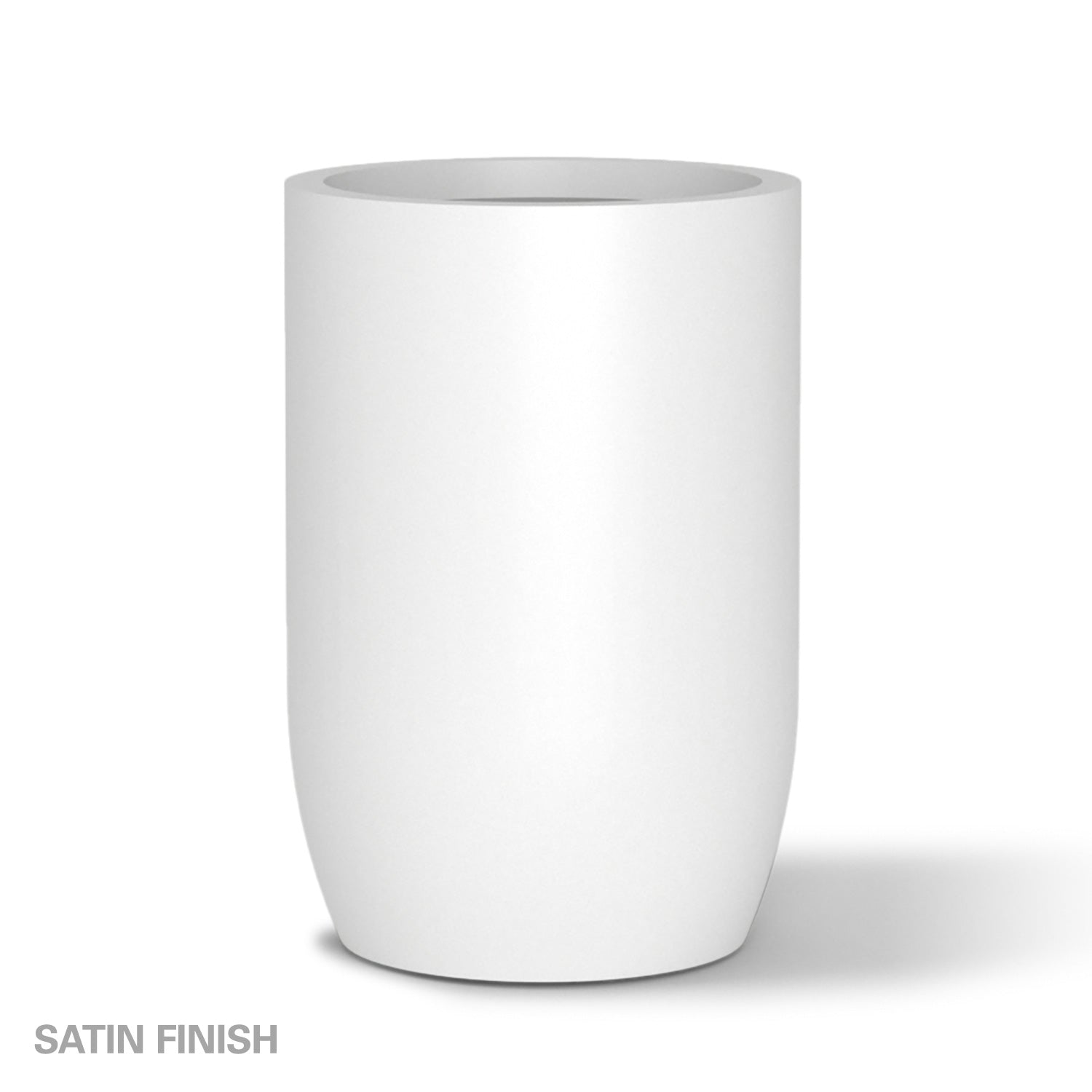 Large satin white fiberglass planter on a white background.