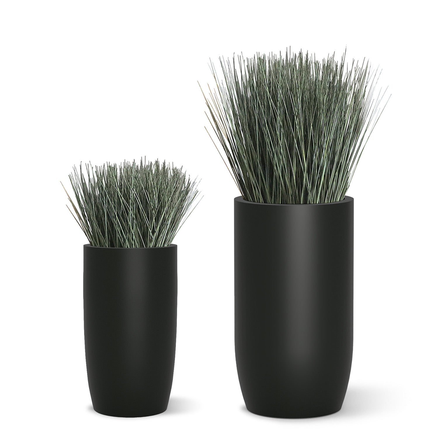 Two botanical designs with cortada grass in black fiberglass barrels.