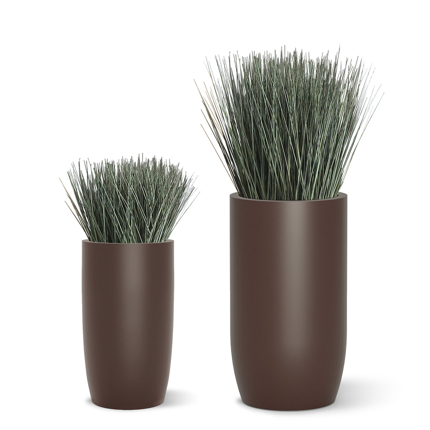 Two botanical designs with cortada grass in brown fiberglass barrels.