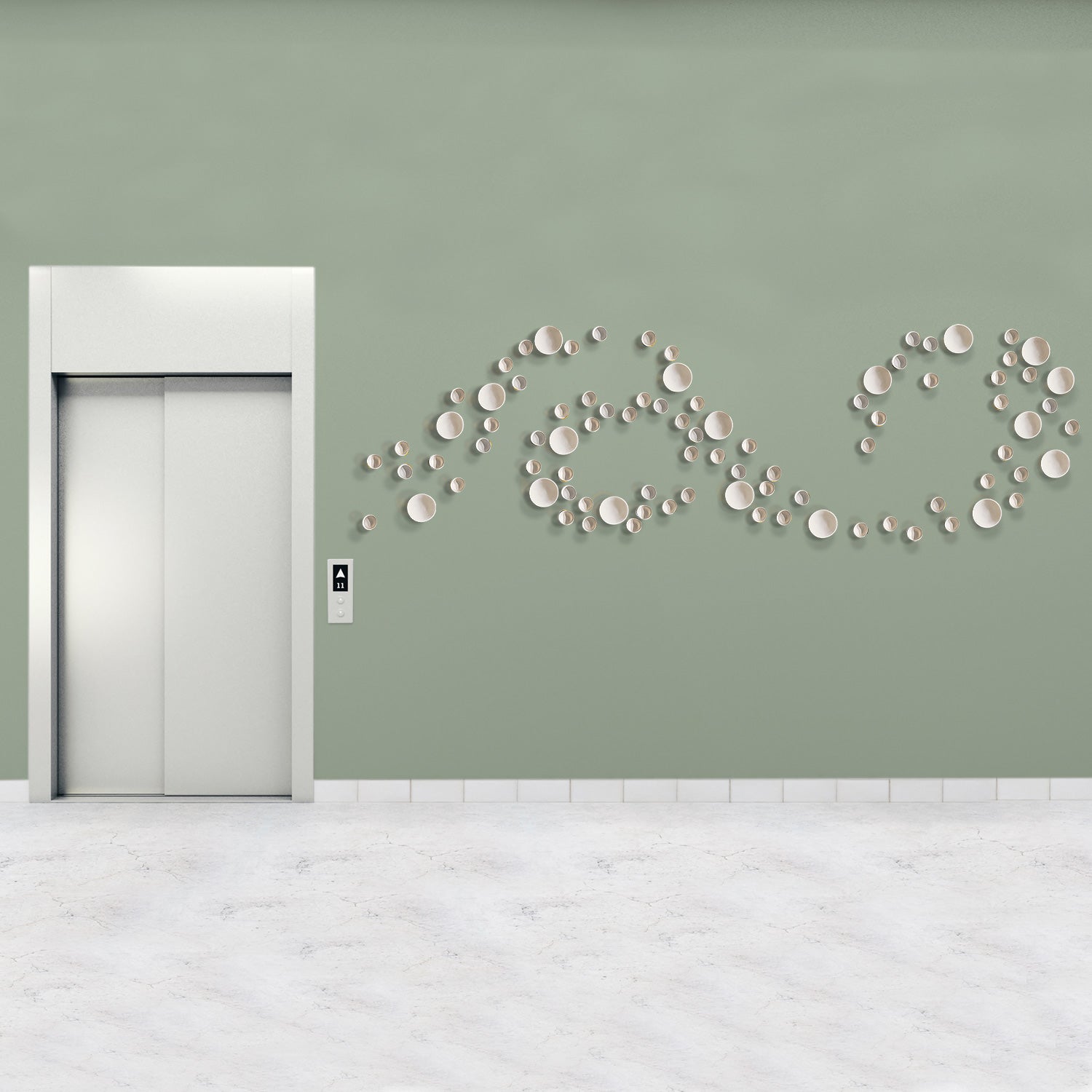Elevator with decorative Wall Play wall art on a light green wall