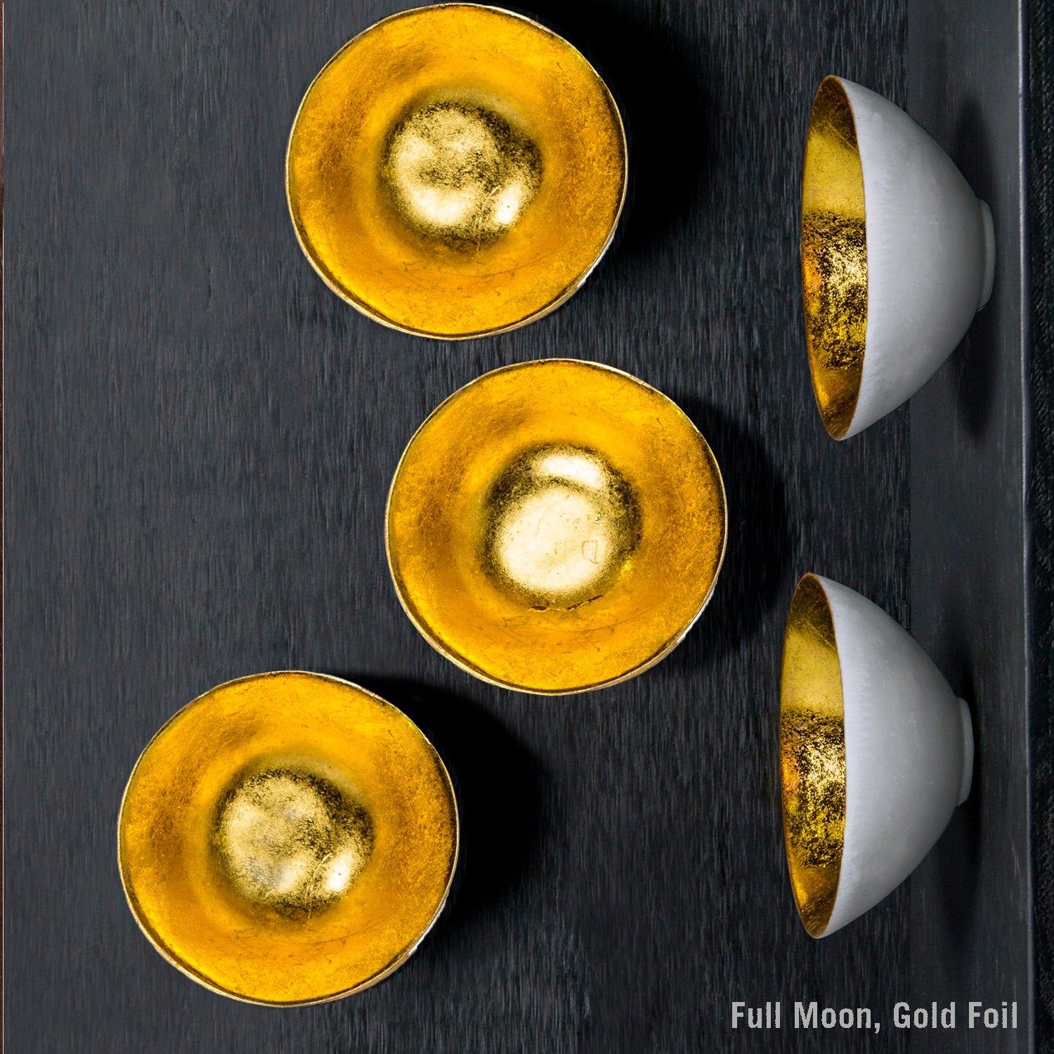 Gold foil bowls on a dark surface with 'Full Moon, Gold Foil' text.