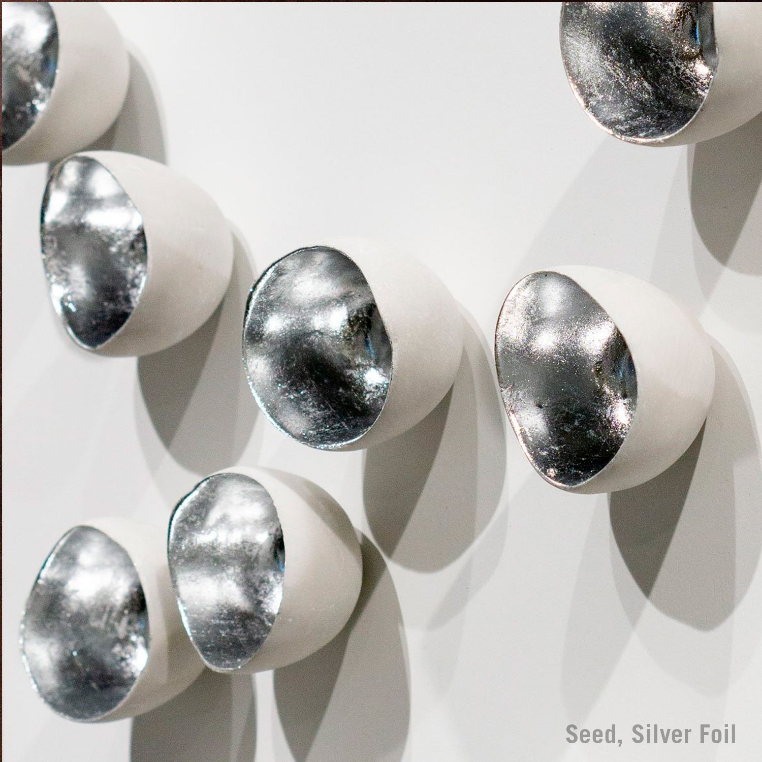 Decorative wall art with silver foil seeds on a white background