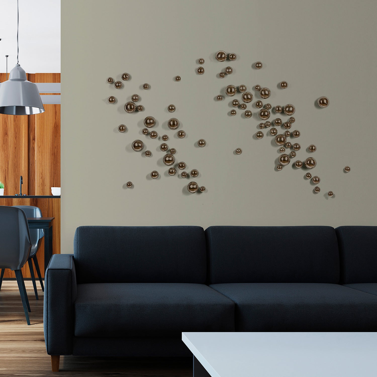 Modern living room with a black sofa and decorative Wall Play art.