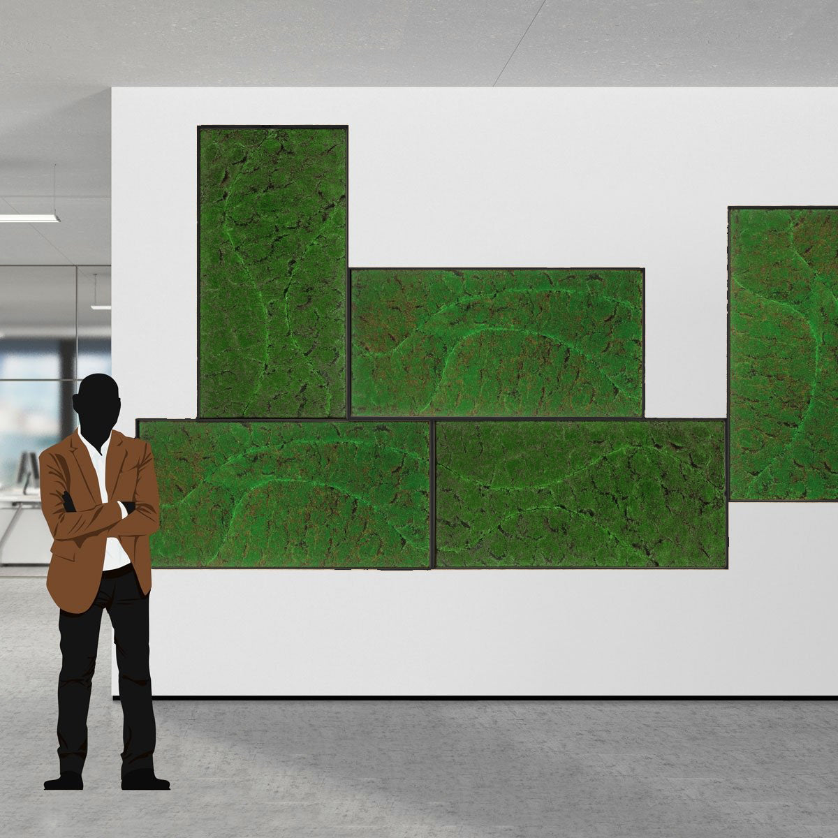 Person standing in a modern office setting with green abstract wall art.