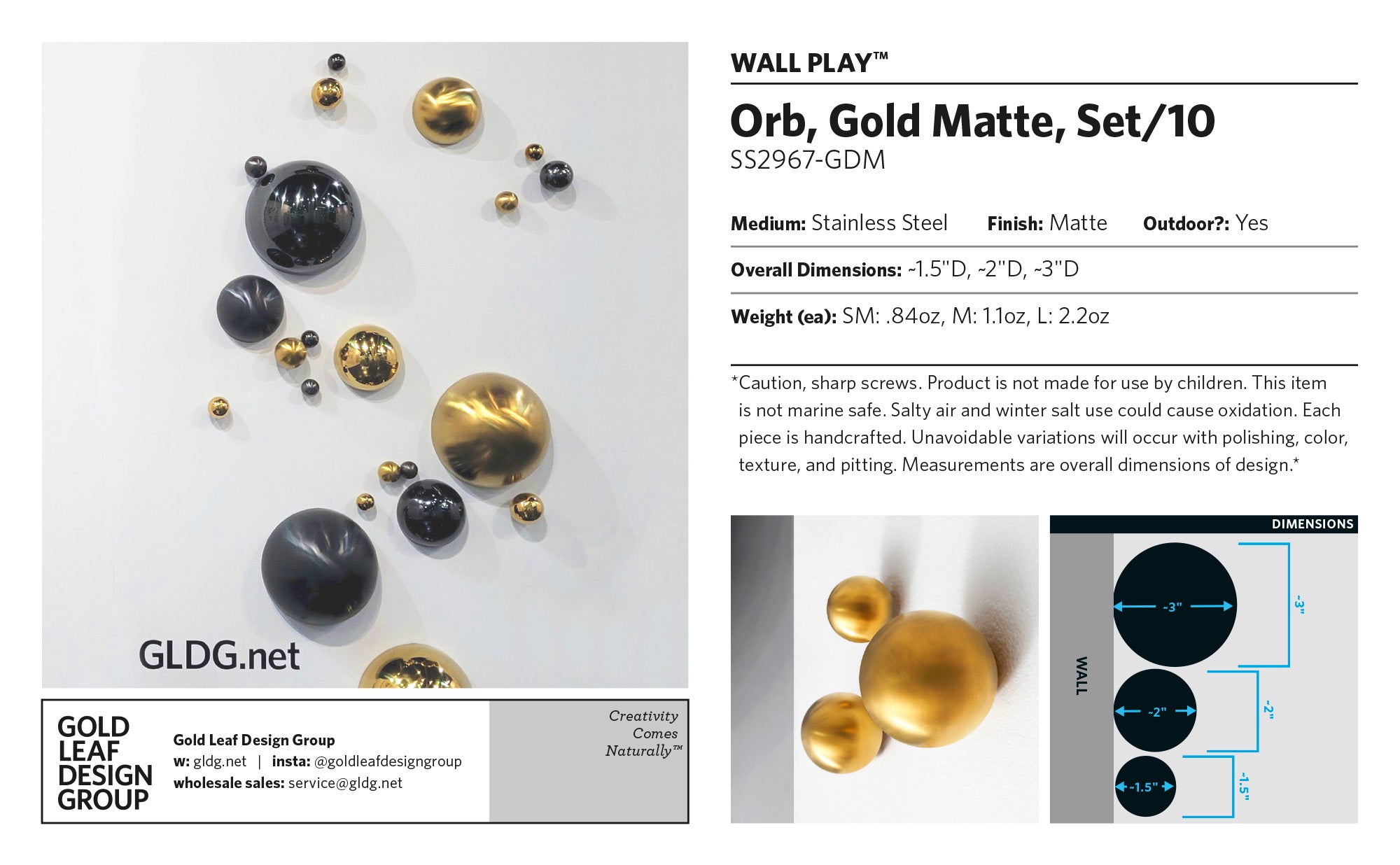 Wall Play™: Orb, Gold Matte, Set/10
