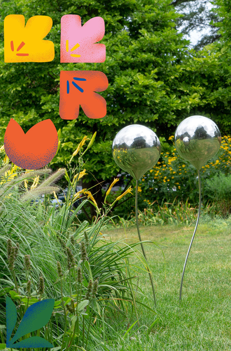 Two stainless steel organic sculptures in a verdant landscape with mid-century modern style illustrations of flowers in corner.