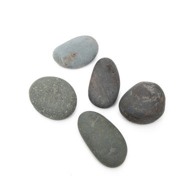 Five smooth, tumbled natural river stones in shades of gray and charcoal, measuring 1 to 2 inches, isolated on white.