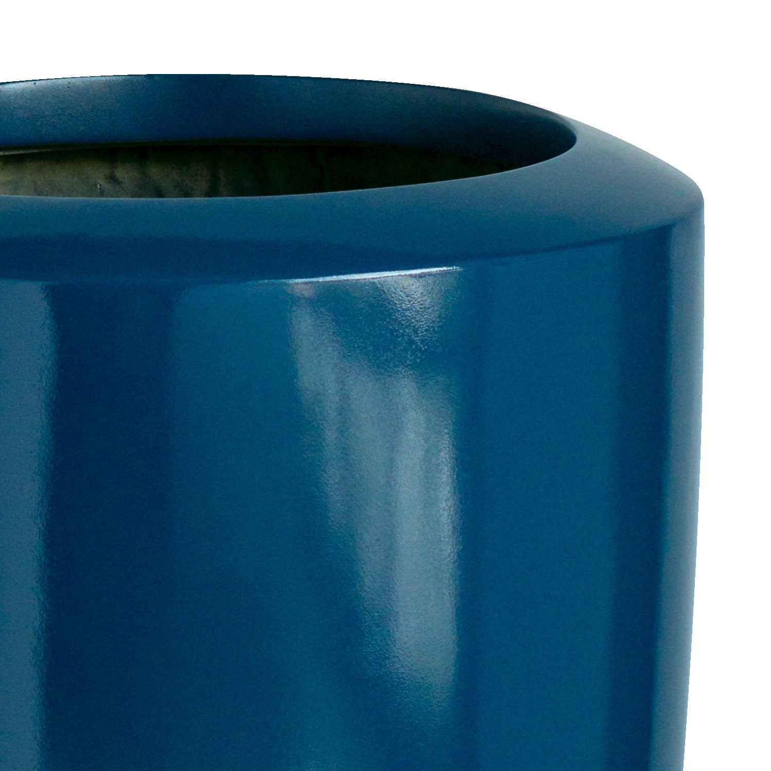 Close up of a large fiberglass barrel-shaped planter on a white background. Gloss Blue finish.