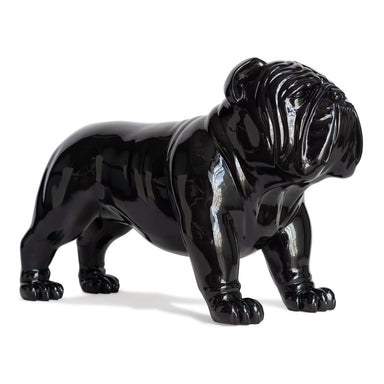 Large black bulldog fiberglass sculpture on a white background, glossy finish.