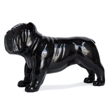 Side view of a large black bulldog fiberglass sculpture on a white background, glossy finish.
