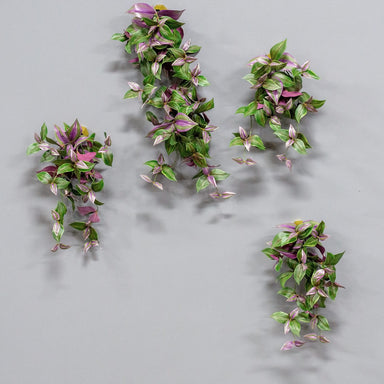 Front view of five Gold Barnacle Wall Play pods with a artificial bushy, lush Wandering Dude plants with green and striped cream and purple leaves against a grey background with shadows.