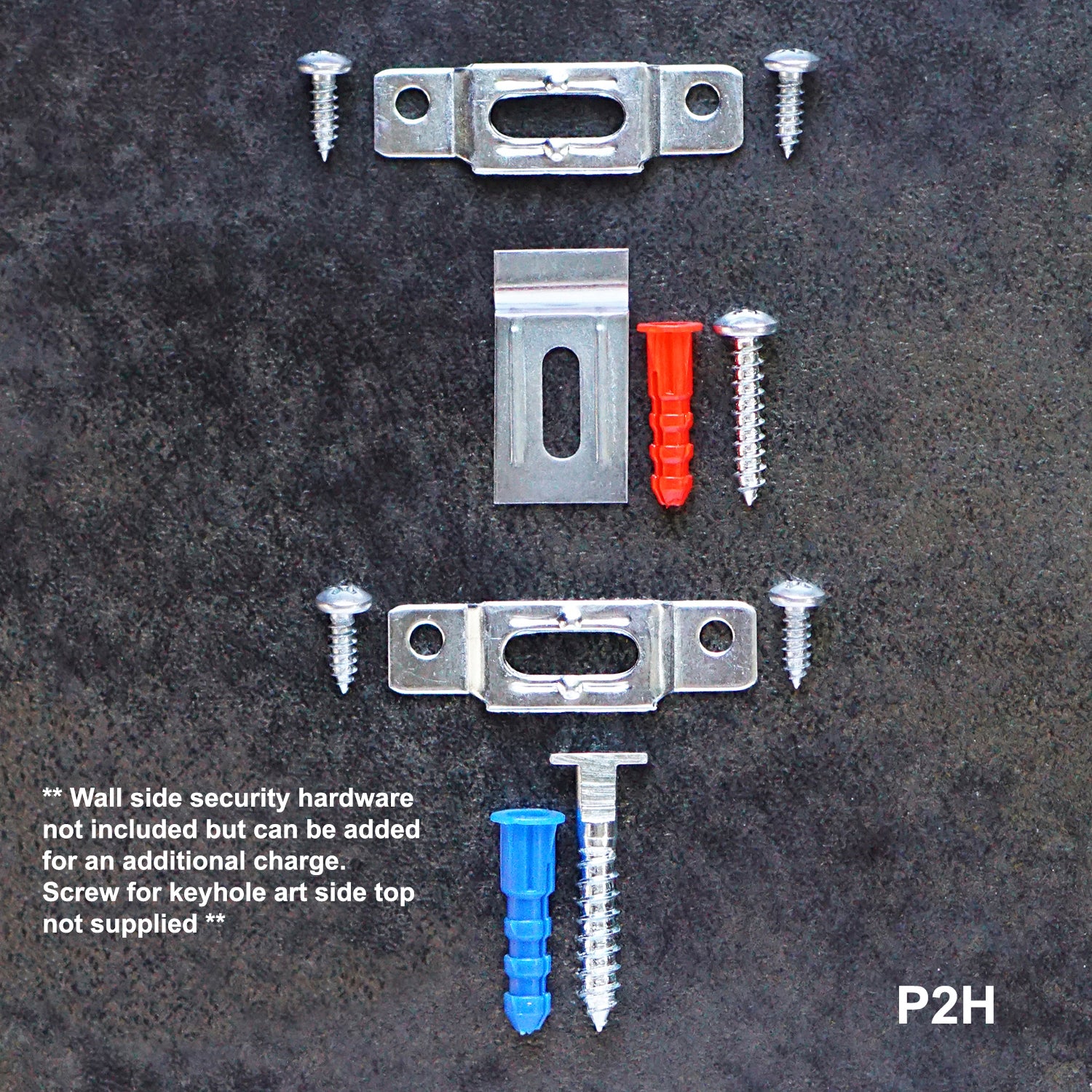 2 point hanging hardware on grey background. Wall side security hardware not included but can be added for an additional charge. Screw for keyhole art side top not supplied. P2H
