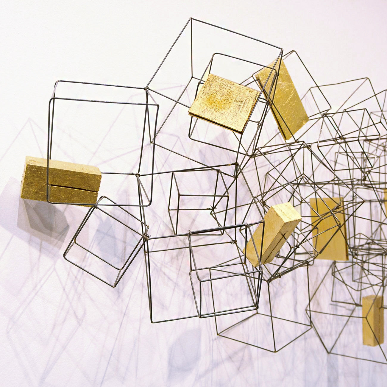 Wire Cube Sculpture w/ Gold Leaf Wood Blocks